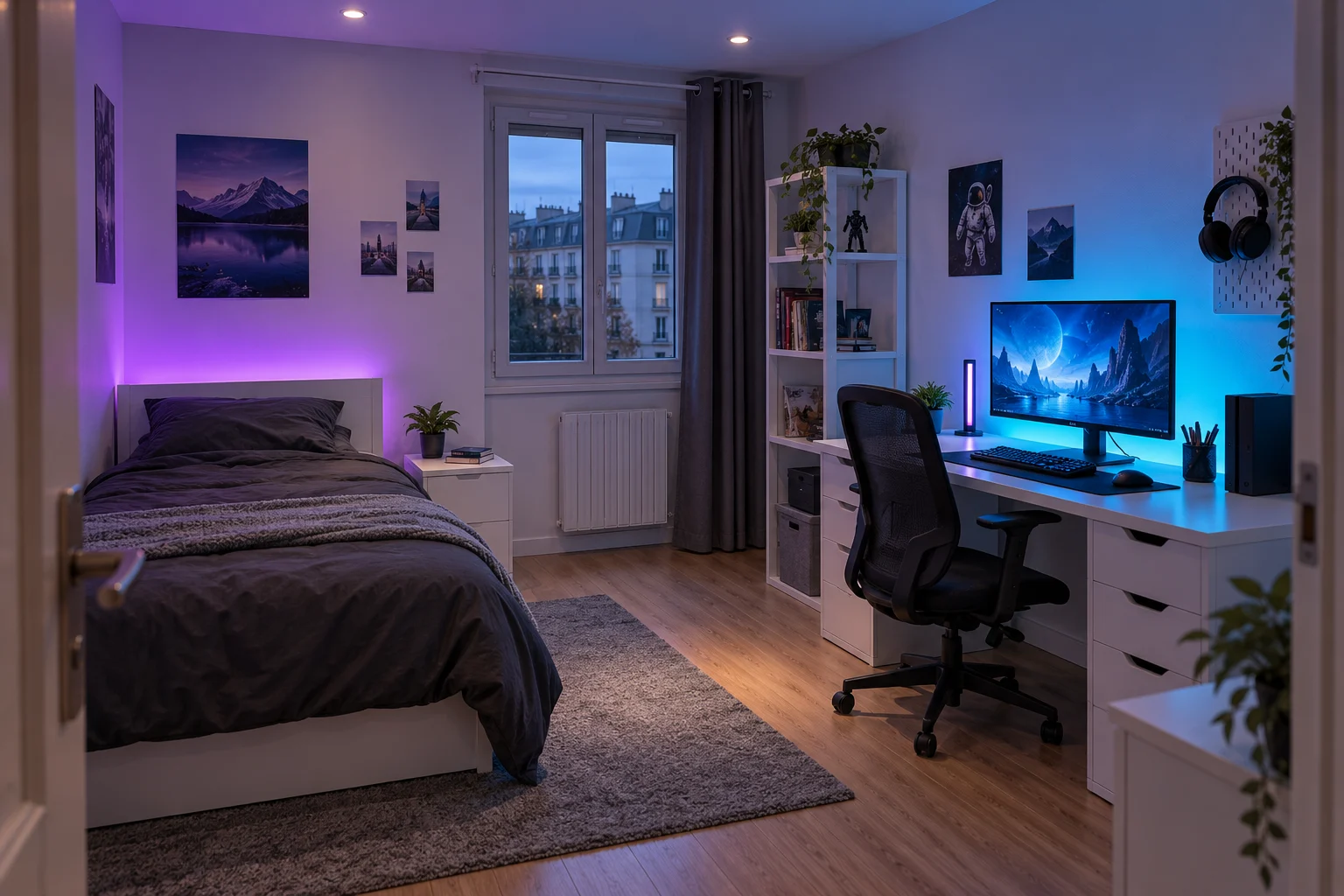 Chambre contemporaine avec LED cyan derrière le bureau et lumière violette près du lit.