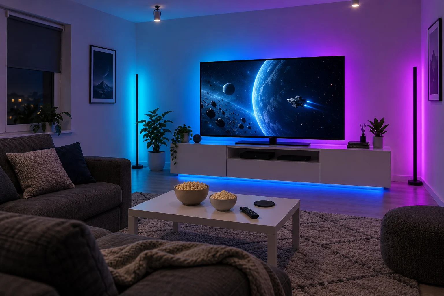Un salon accessible transformé en ambiance cinéma par des LED cyan et magenta autour de la télévision et dans les coins.